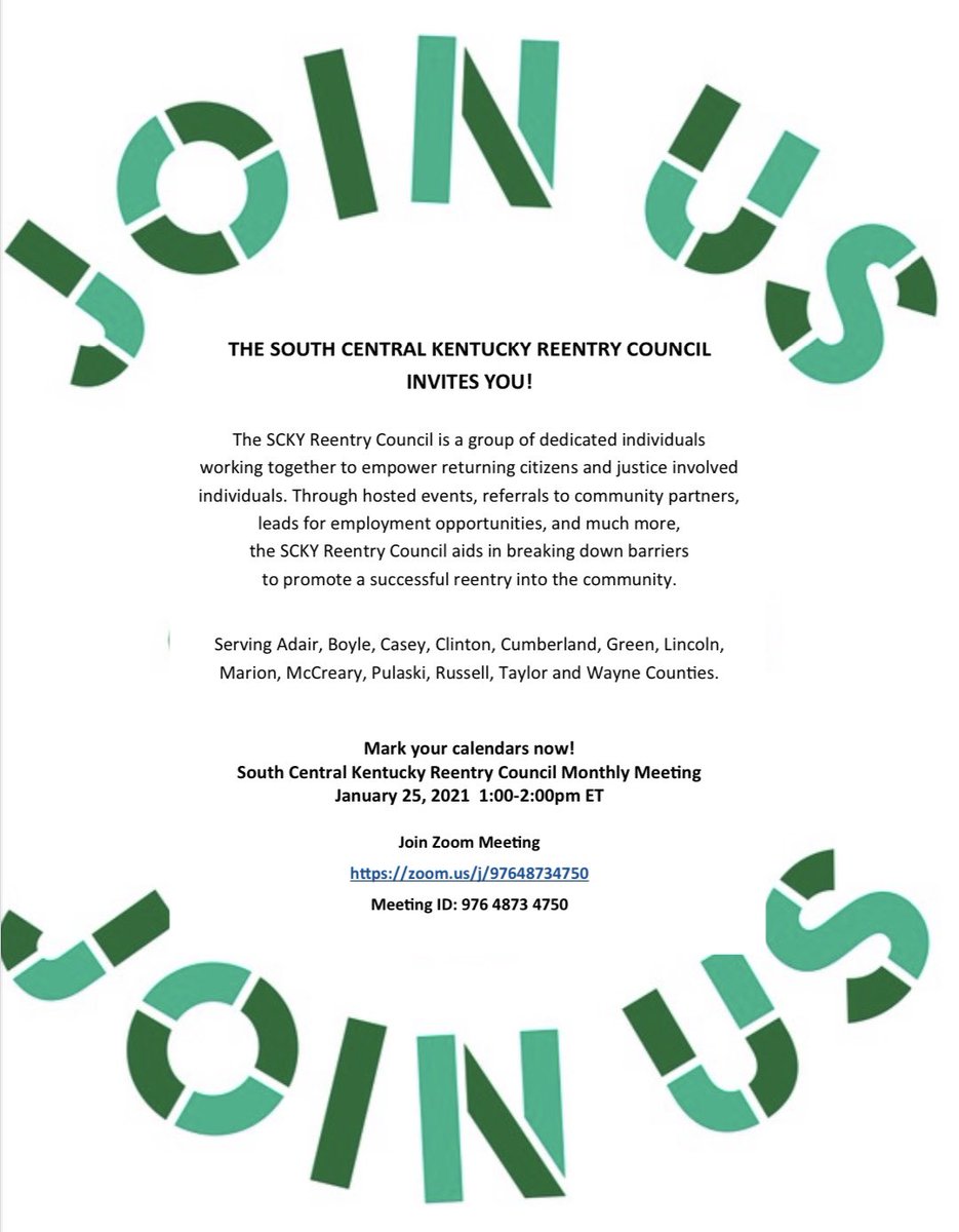 Mark your calendars now! #SCKYReentry 😃
January 25, 2021 
1:00-2:00pm EST

Join Zoom Meeting
zoom.us/j/97648734750
 
Meeting ID: 976 4873 4750