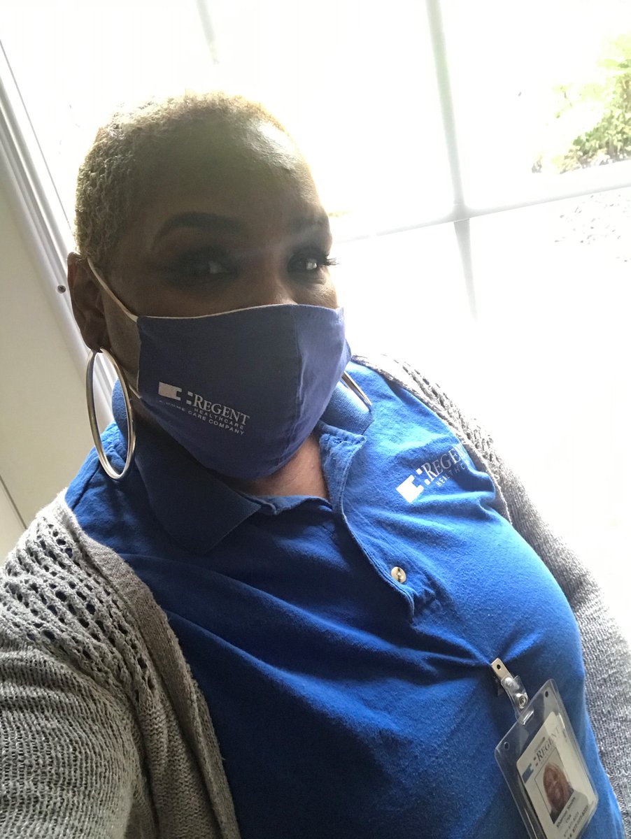 RegentHealth's tweet photo. Meet Sharron - She is one Fabulous Caregiver who gives her ALL to every client she meets. Even during a pandemic, she makes sure she is dressed to impress. Her current client simply stated, "We love her!"  Visit https://t.co/vst9PC2Fnn for all Regent Apparel and more! #WearAMask https://t.co/jtbOMtORRw
