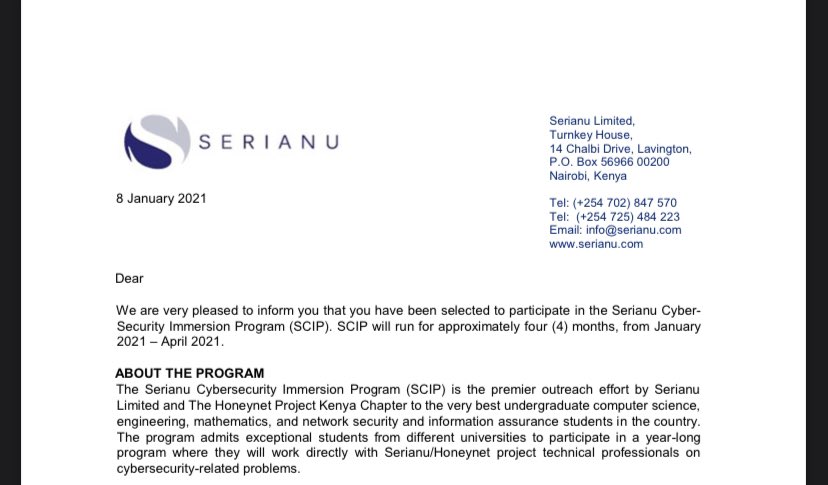 I’ve been accepted into the <a href="/serianultd/">Serianu LTD</a> Cyber-Immersion Program and I’m over the moon!!! The “Incoming Infosec” on my bio is about to become reality 😭🙏🏽