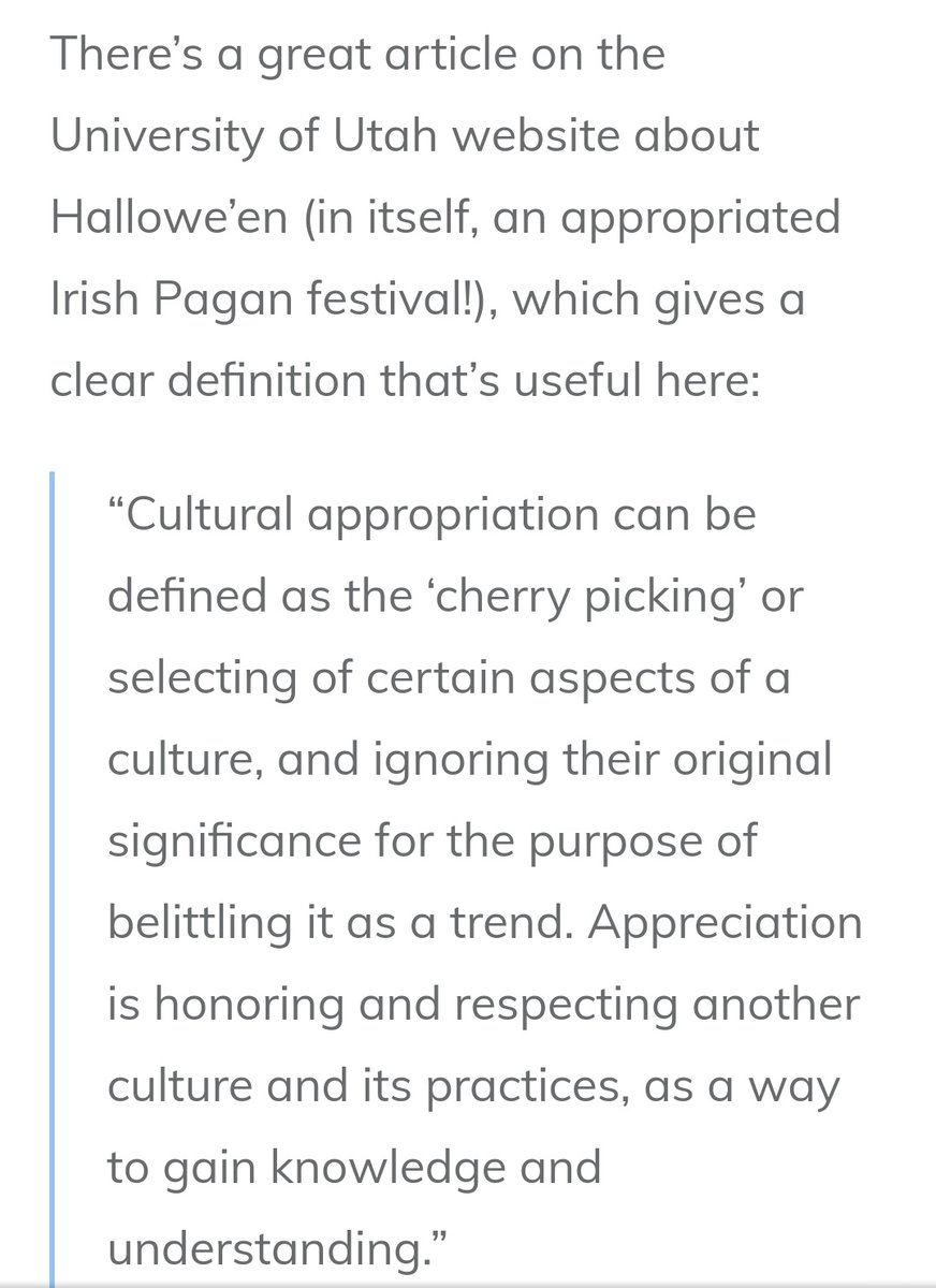 6.a. The nice teacher at the Irish Pegan school actually talks about cultural appropriation on her YouTube channel and her blog1) using for monetary gain, 2) teaching at the expense of native teachers and 3) using it for clout https://loraobrien.ie/pagan-mistakes/&nbsp;