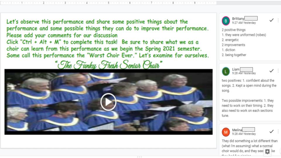 MHCHSChorus's tweet photo. Choral students have hit the ground running for Spring 2021!  Students are analyzing and critiquing performances to determine what makes a great and not so great choir.  There were some great observations and a few chuckles.  #VocalMusicVirtualLearning @masseyhillclass https://t.co/V3dNg3w3k0