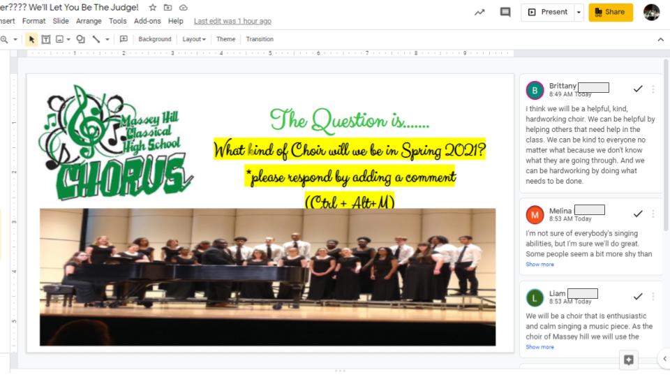 MHCHSChorus's tweet photo. Choral students have hit the ground running for Spring 2021!  Students are analyzing and critiquing performances to determine what makes a great and not so great choir.  There were some great observations and a few chuckles.  #VocalMusicVirtualLearning @masseyhillclass https://t.co/V3dNg3w3k0