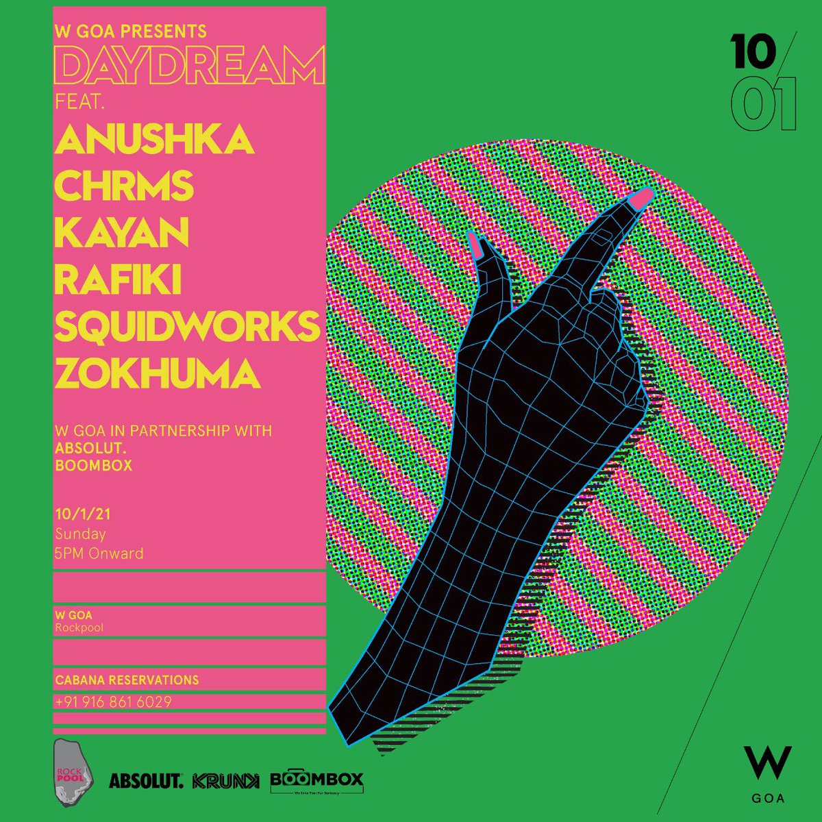 Daydream as the sun kisses the sea with magnetic beats by Anushka // Chrms // Kayan // Rafiki // Squidworks // Zokhuma

In Partnership with:
Absolut
Bombox
Krunk

INR 1000 Per Person

Cabana Reservations:
+91 916 861 6029
Rockpool