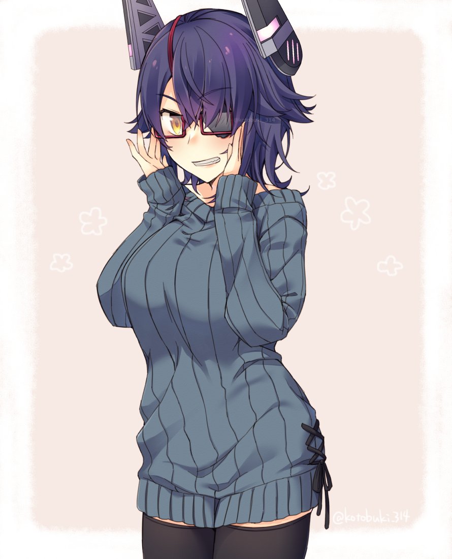 tenryuu (kancolle) 1girl solo eyepatch thighhighs purple hair twitter username sweater  illustration images