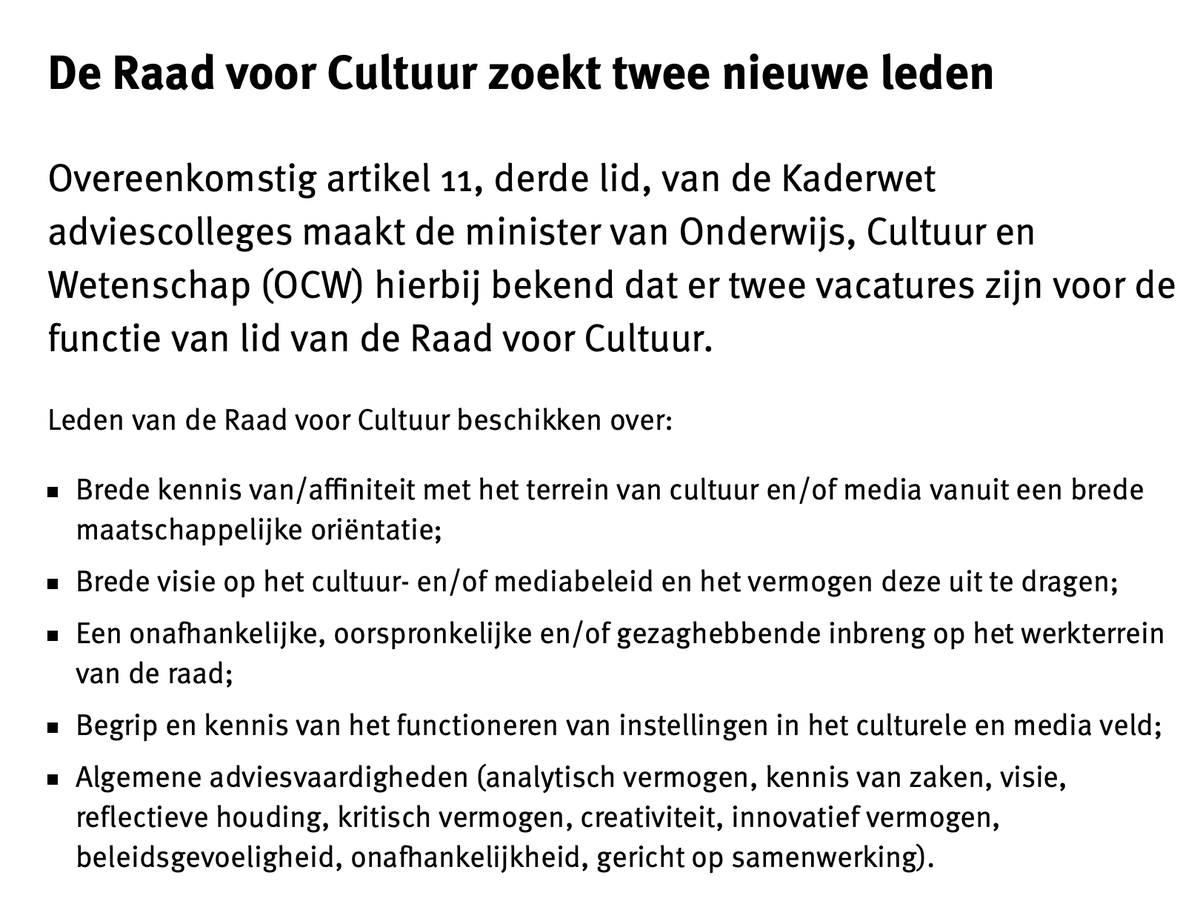 #Vacature De Raad voor Cultuur, het adviesorgaan voor de regering en het parlement op cultuurgebied, is op zoek naar twee nieuwe leden. Lees hier de volledige vacature➡️raadvoorcultuur.nl/over-ons/vacat…
#vacaturealert #cultuur #podiumkunst #creatievesector