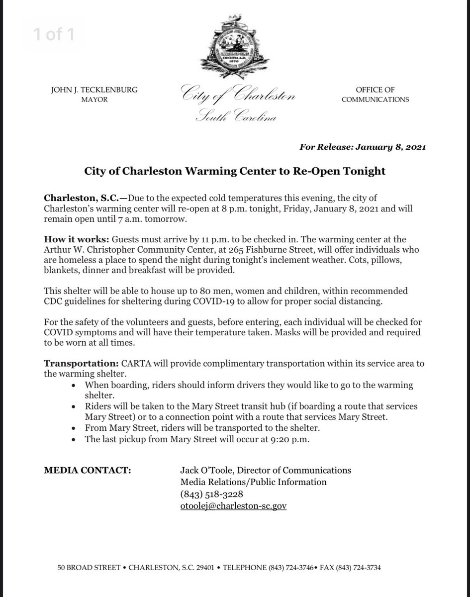 Please share the word: Due to the expected cold temperatures the City of Charleston Warming Center will re-open this evening.