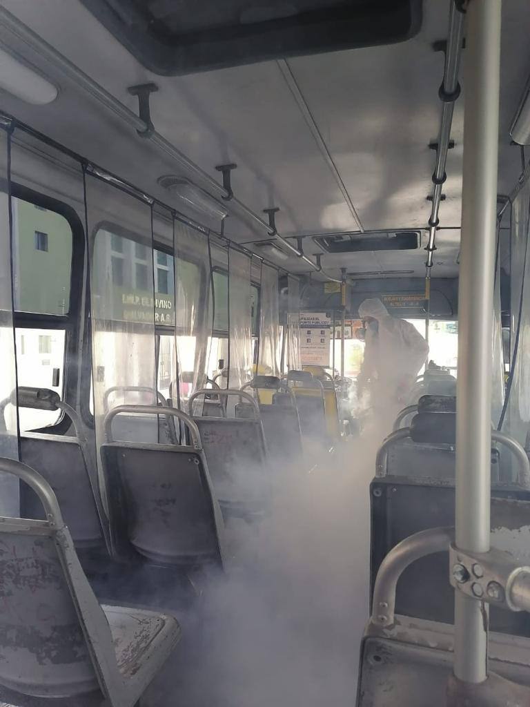 MauVila's tweet photo. Diariamente se realizan tareas de sanitización de las unidades de transporte público de #Mérida como una de las medidas para prevenir contagios de Coronavirus. Seguimos cuidando la salud de los yucatecos. https://t.co/frAI6ZcOgn