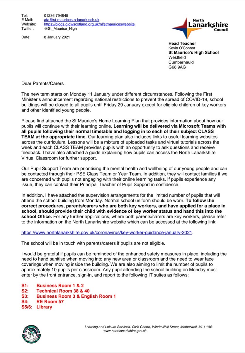 St_Maurice_High's tweet image. Online Learning Information: please find attached a letter from Mr O’Connor with information regarding the start of online learning on Monday 11 January. All information documents have been emailed to families and are on the school website at blogs.glowscotland.org.uk/nl/stmauricesw…