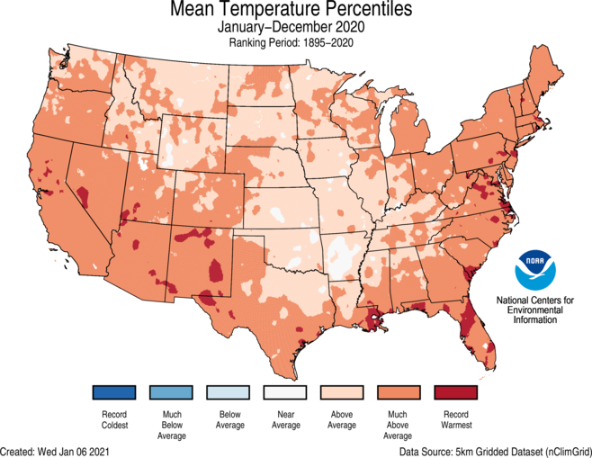 NOAA's tweet photo. And it’s official: 2020 ranks 5th warmest for the U.S. -- the 5 warmest years have all occurred since 2012, per @NOAANCEIclimate https://t.co/j7xft2nLK3 #StateOfClimate https://t.co/1UrmEL6a0p