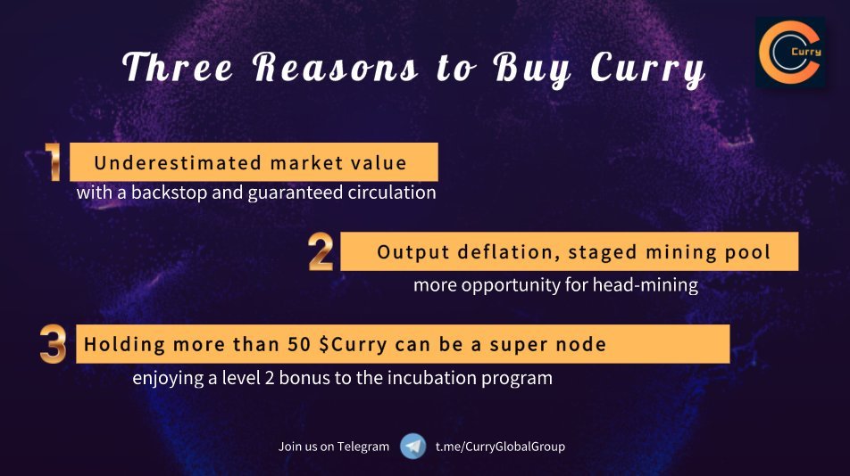 #Curry is a convergent decentralized financial protocol 

It helps users automatically select &amp; hold the more profitable #DeFi protocol

🔥Trade #Curry on Uniswap
info.uniswap.org/token/0x89494c…

🔥Farm #Curry here
curryfarm.io

🔥Join #Curry community
t.me/CurryGlobalGro…
