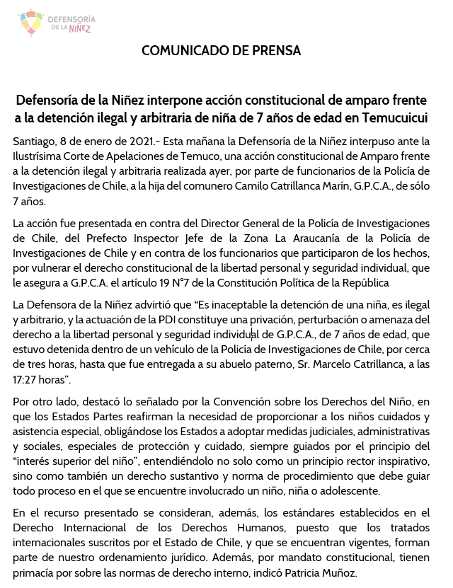defensorianinez's tweet photo. 🟥COMUNICADO DE PRENSA🟥 Defensoría de la Niñez interpone acción constitucional de amparo frente a la detención ilegal y arbitraria de niña de 7 años de edad en Temucuicui https://t.co/sRULBBk8VA