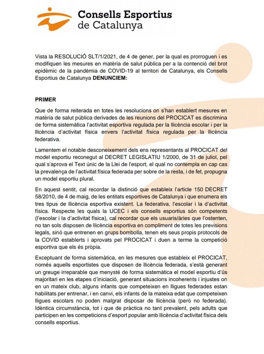 UCECcat's tweet photo. La @UCECcat considera que les noves mesures del PROCICAT discriminen el model dels Consells Esportius envers el model federat, alhora que demana coherència i equitat en relació a les mesures que s'han pres en altres sectors.
#consellsesportius #esportcat #PROCICAT
👇👇👇👇 https://t.co/yqdYTSQYog
