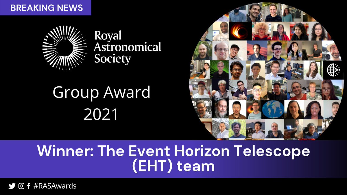 Royal Astronomical Society (@royalastrosoc) on Twitter photo The Group Award goes to the globe-spanning <a href="/ehtelescope/">Event Horizon 'Scope</a> team! The remarkable abilities of this instrument, coupled with the hard work of more than 340 researchers across the world, led to the first image of the black hole in Messier 87. #RASAwards The Group Award goes to the globe-spanning <a href="/ehtelescope/">Event Horizon 'Scope</a> team! The remarkable abilities of this instrument, coupled with the hard work of more than 340 researchers across the world, led to the first image of the black hole in Messier 87. #RASAwards