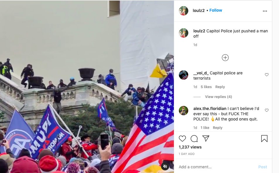 Around 3:13PM EST: As lawmakers are ushered to safety, the mob outside is still just as riotous. Some individuals scale the stone wall to gain access to the stairs. This man falls after being pushed by a police officer.  https://www.instagram.com/p/CJtyfwrA6s7/ 