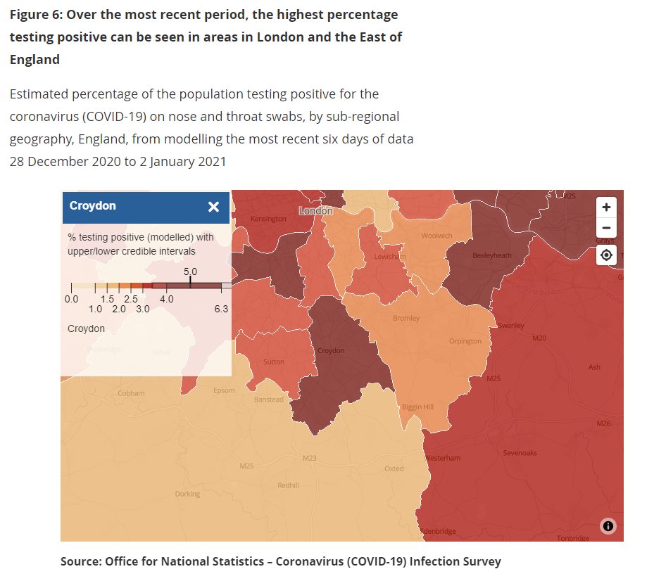 Latest ONS estimate is that 1 in 20 people in Croydon are infected. This is a huge number to be infected simultaneously especially for a region that was hard hit in spring.  https://www.ons.gov.uk/peoplepopulationandcommunity/healthandsocialcare/conditionsanddiseases/bulletins/coronaviruscovid19infectionsurveypilot/8january2021