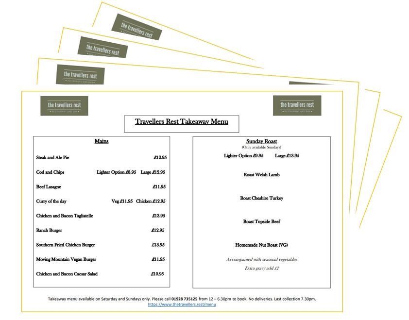 TravsRestFrod's tweet photo. We are offering a Takeaway menu on Saturday an Sundays at The Travellers Rest in Frodsham. Available 12 - 6.30pm. Last collection 7.30pm. You can download our menu here: https://t.co/wcc8kaewqX https://t.co/VLhHmsPSLK