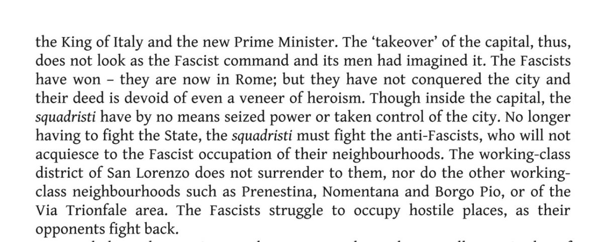 With no will for resistance from the king, fighting back the fascists was left to loosely organized civilians: anti-fascists. A civil war rages in the streets as the government sits idly by. Again from Albanese's "March on Rome":