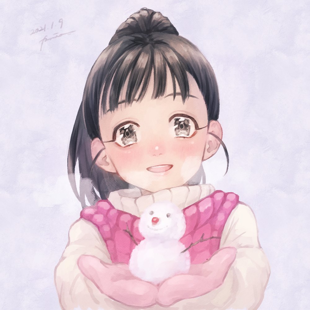 1girl solo black hair snowman smile ponytail looking at viewer  illustration images