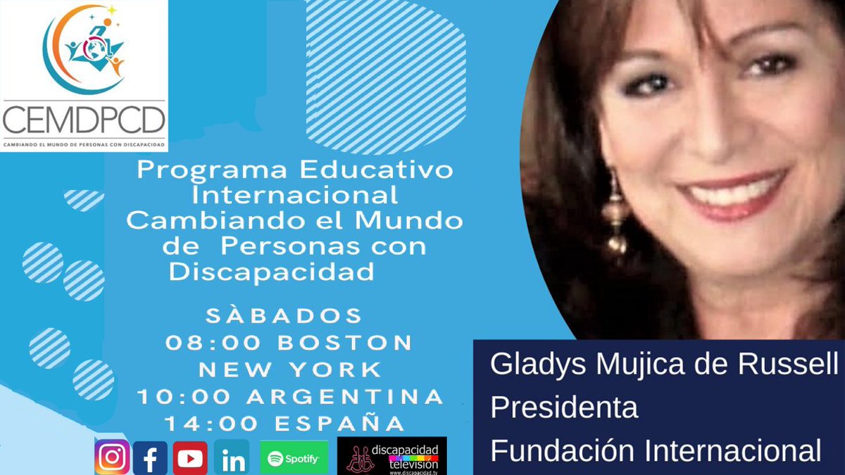 Es un flyer en el que se invita a acompañar a mi madre Gladys Mujica en el programa la voz de la inclusión, el cual se realizará este sábado desde la 8 a.m. hora Perú.