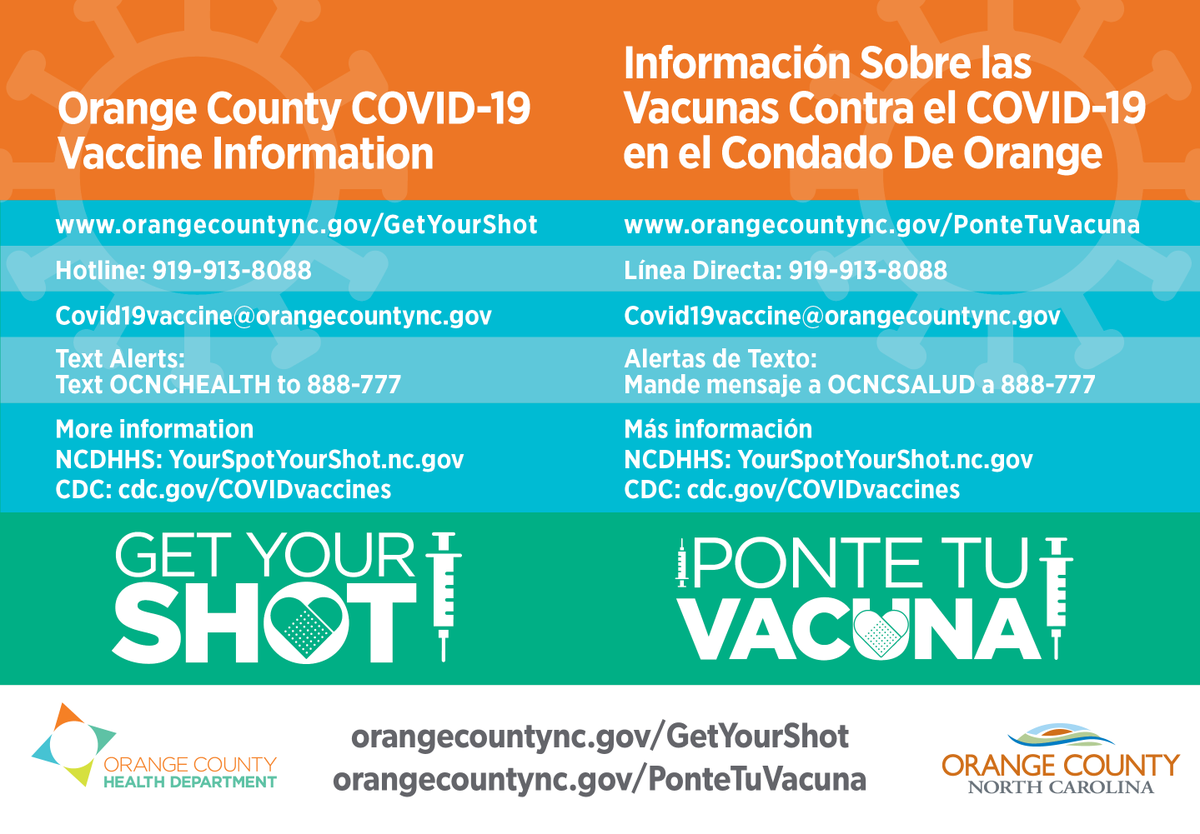 OrangeHealthNC's tweet photo. For more information on how to get your COVID-19 Vaccine in Orange County, please visit our webpage: https://t.co/Bsmov7jsNw https://t.co/MIyXXTzAUR