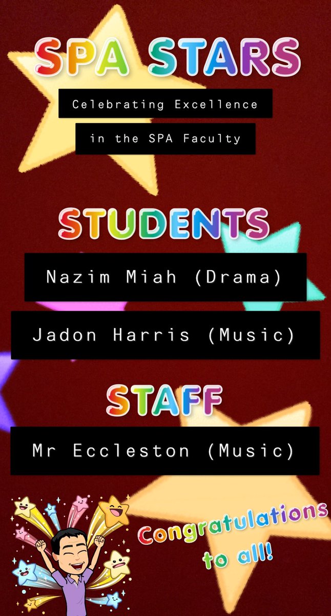 RadclyffeSPA's tweet photo. Each week, we’ll be celebrating the outstanding work of students and staff from the SPA faculty with our #SPAStars post! Congratulations to all of this weeks stars! If you would like to nominate someone for SPA star, please email Mr Corrigan! #PROUDtoPerform #PROUD #Winners https://t.co/e5cLW6eAYp