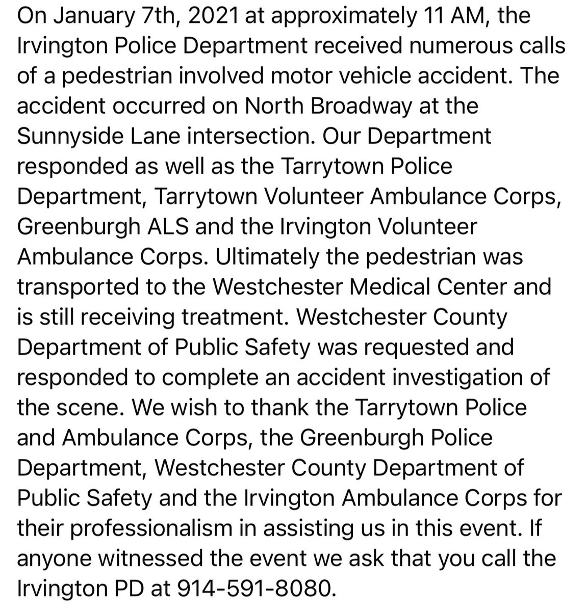 Information regarding yesterday’s accident on North Broadway.