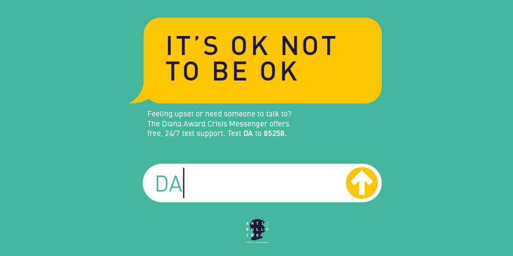 AntiBullyingPro's tweet photo. It's been a difficult start to 2021. If you're feeling upset or need someone to talk to, we're only a text away. 

Just text DA to 85258 for free - anytime, day or night! 

Trained volunteers will listen to how you’re feeling and help you towards feeling better 💚 https://t.co/Q6evW5VVlO
