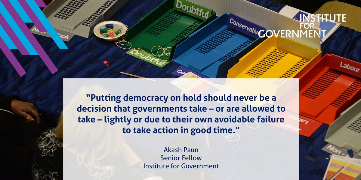instituteforgov's tweet photo. Ministers are considering postponing the elections scheduled for May 2021. But as @AkashPaun argues, the government should consider all options for organising the elections safely before putting democracy on hold https://t.co/e6i7IGjeNf https://t.co/P2OWqouR3S