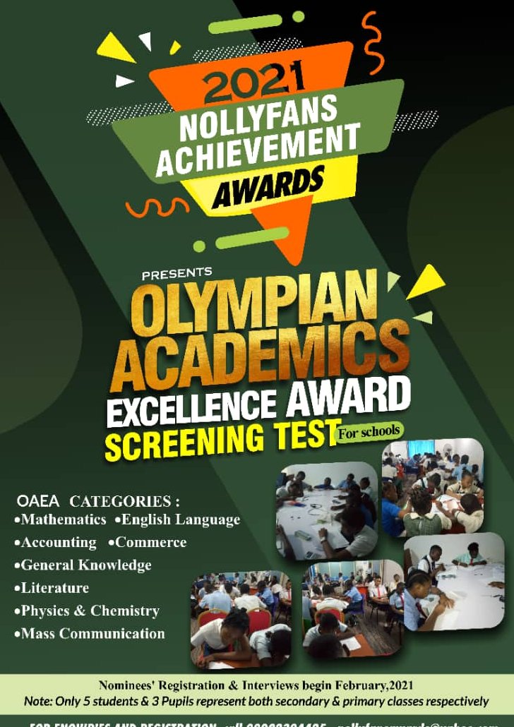 nollyfans's tweet photo. The   Nollyfans Olympian Academic Excellence Award (OAEA) Screening Test is aimed to rigorously drill students  and pupils alike  on the  topics taught in their respective school  with strong emphasis on the approved scheme of work and courses by relevant authorities . https://t.co/grRdc8DVDe