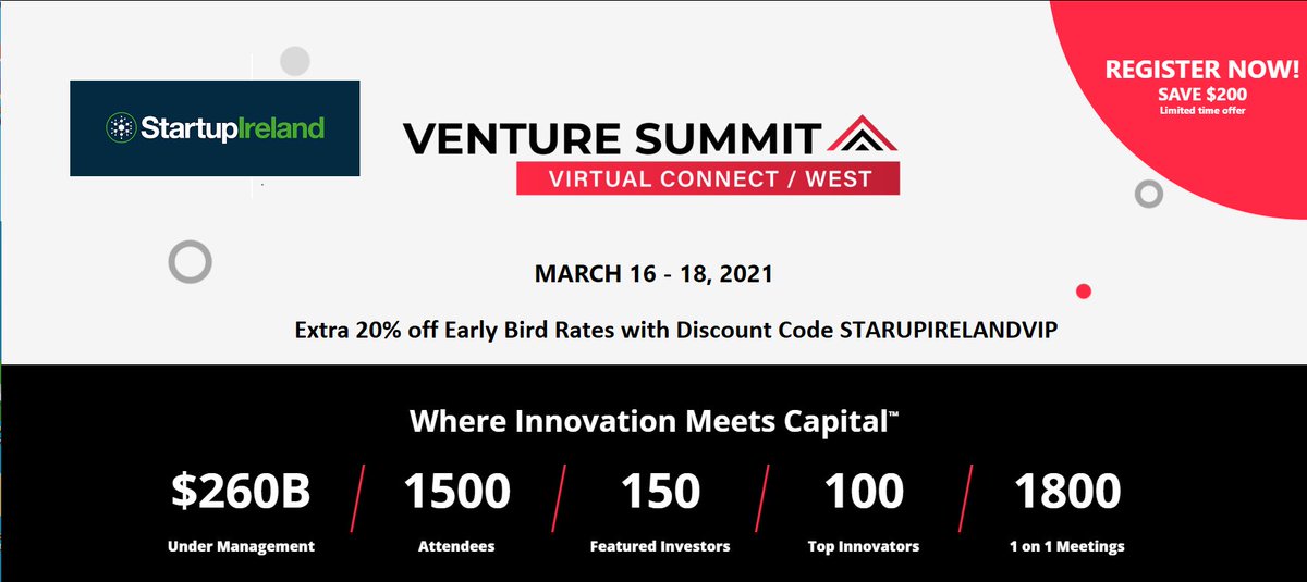 StartupIreland (@startupireland) on Twitter photo Join StartupIreland at the Venture Summit Virtual Connect West Event from March 16th to 18th. Use the code STARTUPIRELANDVIP to receive an extra 20% off the early-bird rate. Register for the event using the link below.
bit.ly/3p9k5nt
<a href="/youngstartupven/">youngStartupVentures</a> Join StartupIreland at the Venture Summit Virtual Connect West Event from March 16th to 18th. Use the code STARTUPIRELANDVIP to receive an extra 20% off the early-bird rate. Register for the event using the link below.
bit.ly/3p9k5nt
<a href="/youngstartupven/">youngStartupVentures</a>