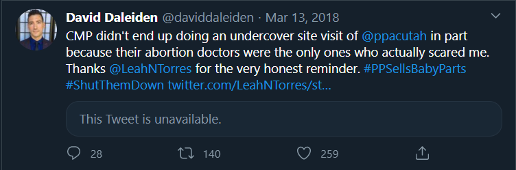 3. In fact, undercover journalist  @daviddaleiden has said he declined to investigate her Utah clinic in 2015 because “their abortion doctors were the only ones who actually scared me.”   https://bit.ly/39auRUk&nbsp;