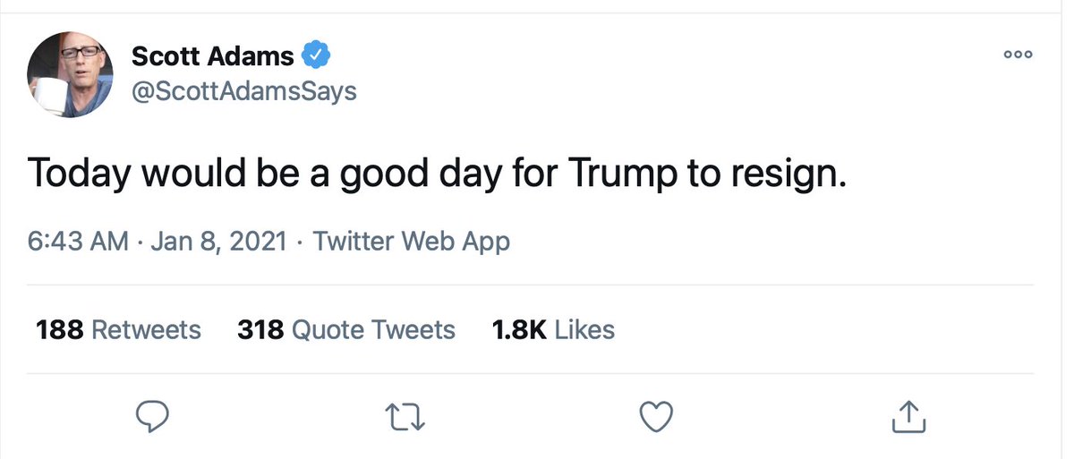 1/ A story: 2 months ago, some of you might remember that Scott Adams told to me he had evidence of voter fraud. He promised it was forthcoming, and blocked me when I began checking in on a weekly basis.Today, he called for Trump to resign. I am still blocked from his account
