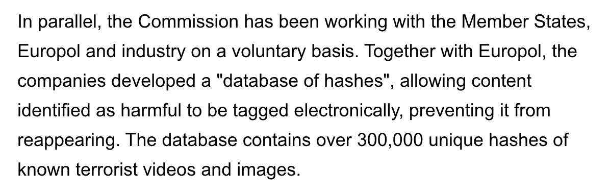 The most insidious thing, to me, is that the press release talks about the GIFCT database as if it represented an adequate legal compliance mechanism. It absolutely does not. And no one in the negotiating process can honestly believe that it does.