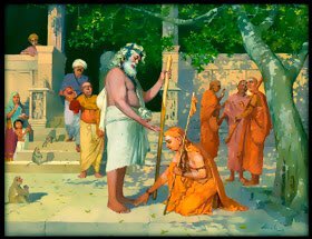 Conversation between Caṇḍāla and Ādi Śaṅkarācārya - Part 2 - A Thread (1/— Manīṣa Pañcakam —(Five verses of Firm Conviction)Śaṅkara replied to the questions in five verses and touched the feet of Caṇḍāla, as a way to show respect towards him.