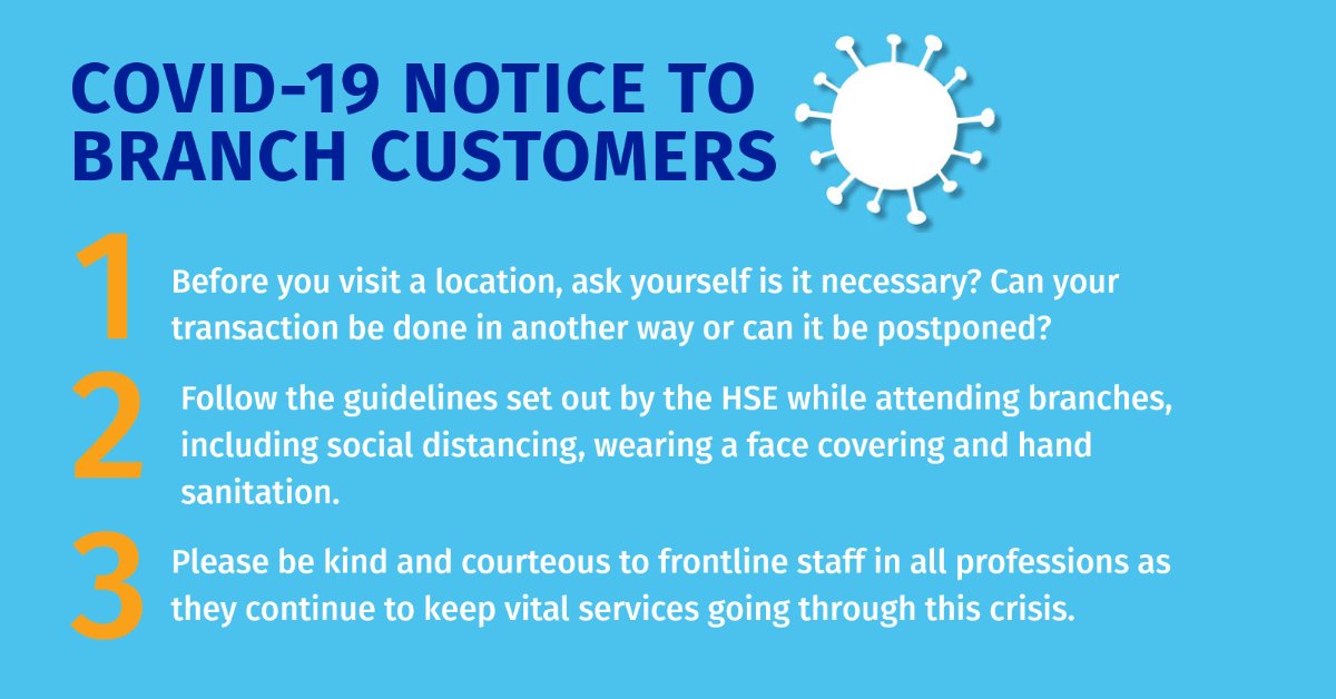 fsuireland's tweet photo. Thank you to all bank branch staff for continuing to work in public facing roles and keeping banks open for customers and communities. They would like to ask customers to bear the following messages in mind when visiting branch. https://t.co/np5OWuJNwK