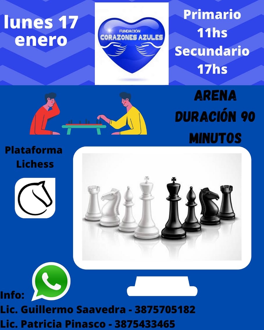 ¡Te esperamos en el  *TORNEO PROVINCIAL DE AJEDREZ ON LINE* "Rumbo al Bicentenario  Gral Martín Miguel de Güemes"  
  Abierto para los  niveles *Primario  y Secundario*,   totalmente  gratuito.
📅 Lunes  17 de Enero 
🕒 11:00 a 12:30 hs. Nivel primario. 
⏰17:00  a 18:30 hs
Sec.