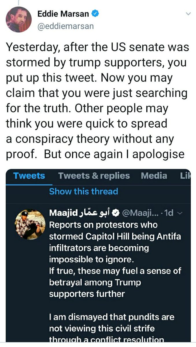 Here  @MaajidNawaz settles for an not very sincere apology from  @eddiemarsan who did not want the hassle of defending his entirely defensible observation that Maajid Nawaz was spreading conspiracy theories, which Marsden observes was clearly valid.