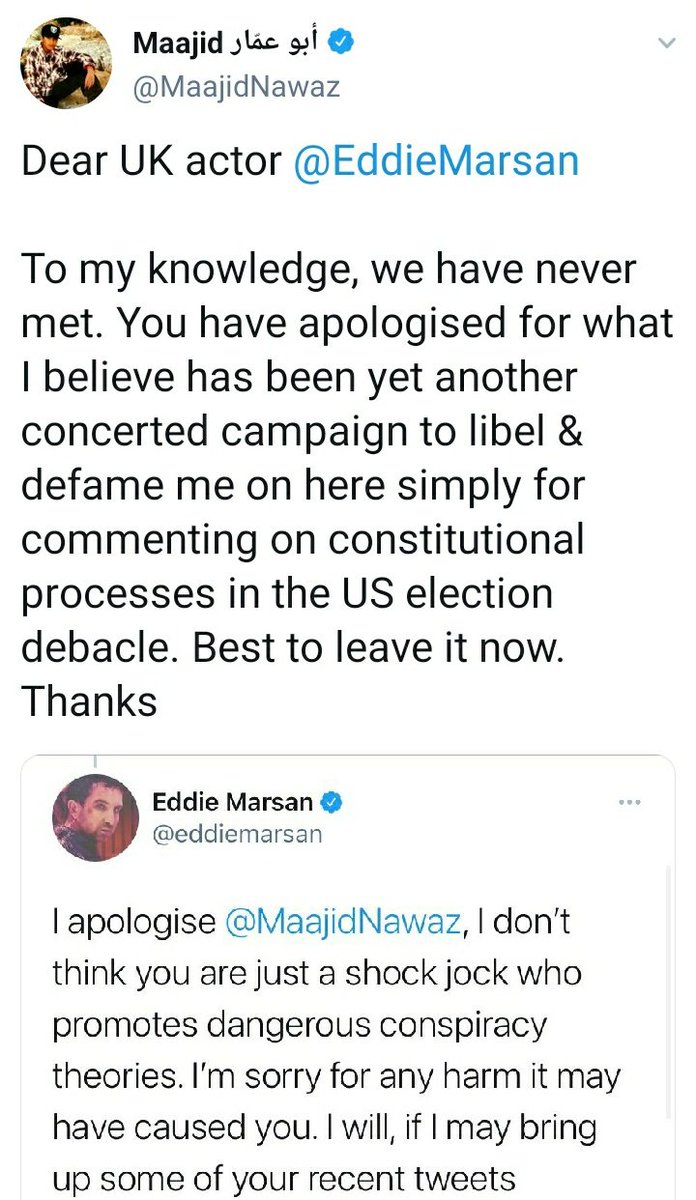 Here  @MaajidNawaz settles for an not very sincere apology from  @eddiemarsan who did not want the hassle of defending his entirely defensible observation that Maajid Nawaz was spreading conspiracy theories, which Marsden observes was clearly valid.