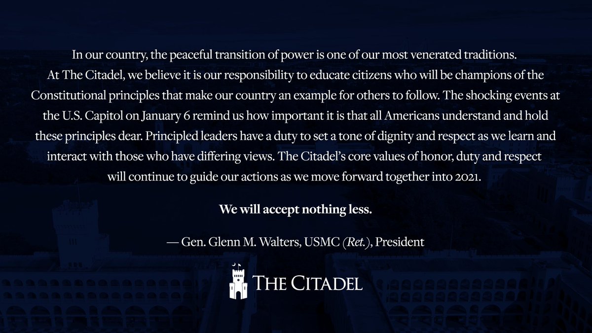 Citadel1842's tweet photo. A message for The Citadel campus community from Gen. Glenn M. Walters: https://t.co/Fyym35YJBQ