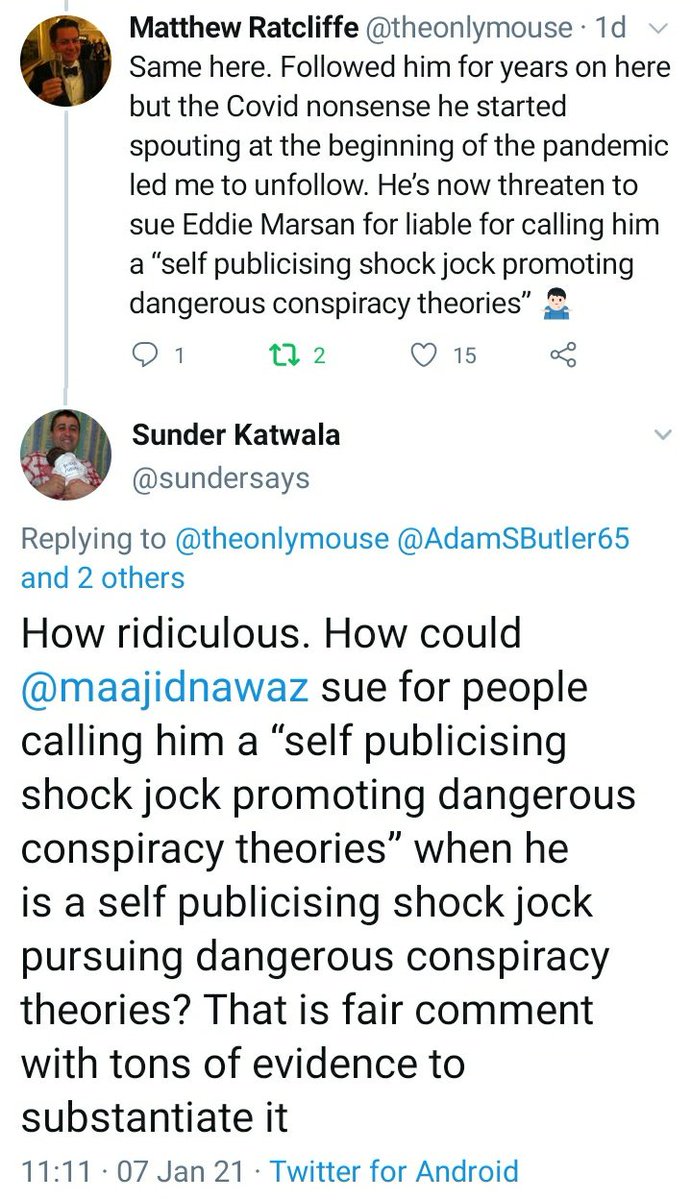 I could not see the legal risk in  @eddiemarsan calling  @MaajidNawaz "a self publicising shock jock promoting dangerous conspiracy theories" since he is a polemical radio host ('shock jock' is a common shorthand) who certainly promotes dangerous conspiracy theories.Feel free to RT
