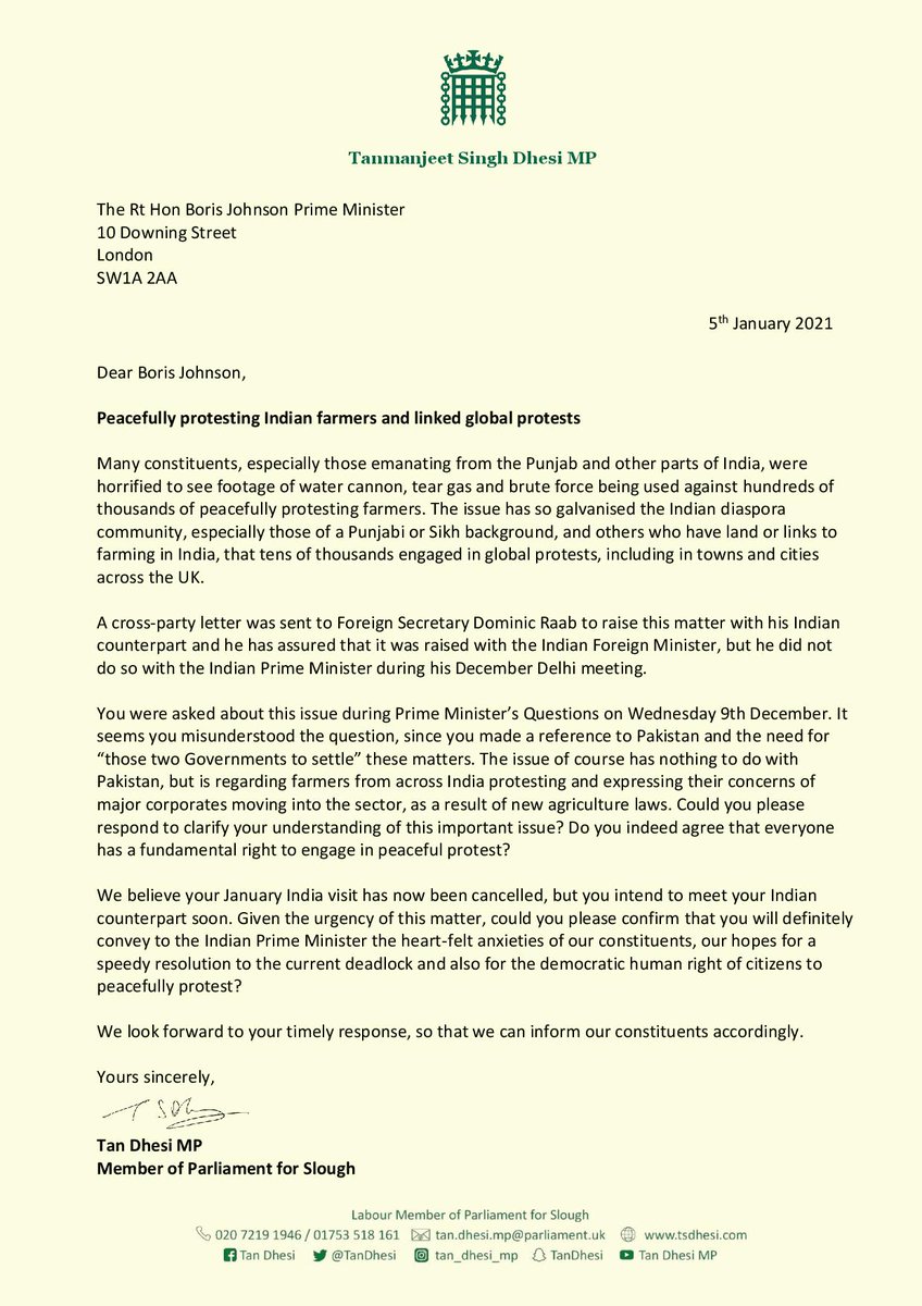 TanDhesi's tweet photo. Great that over 100 MPs and Lords signed cross-party letter to the Prime Minister, given our serious concerns for the peaceful India #FarmersProtest.

Boris Johnson must raise it with Indian PM when they next liaise, expressing hopes of speedy resolution to the current deadlock. https://t.co/mLw3tYHA2S
