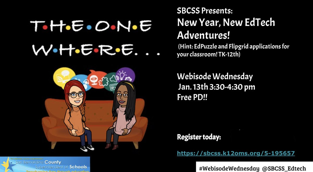 SBCSS_EdTech's tweet photo. Our newest #WebisodeWednesday New Year, New Adventures! @SBCSS_EdTech's Faves! Wed 1/13 3:30-4:30pm. This innovative session will be tailored to your TK-12 classroom needs. (As always, this is free PD!) Registration ⬇️: https://t.co/3lH07IuJp3 @TrPatel20 @LucyKirchh @SBCSS https://t.co/fQVbK2qpZP