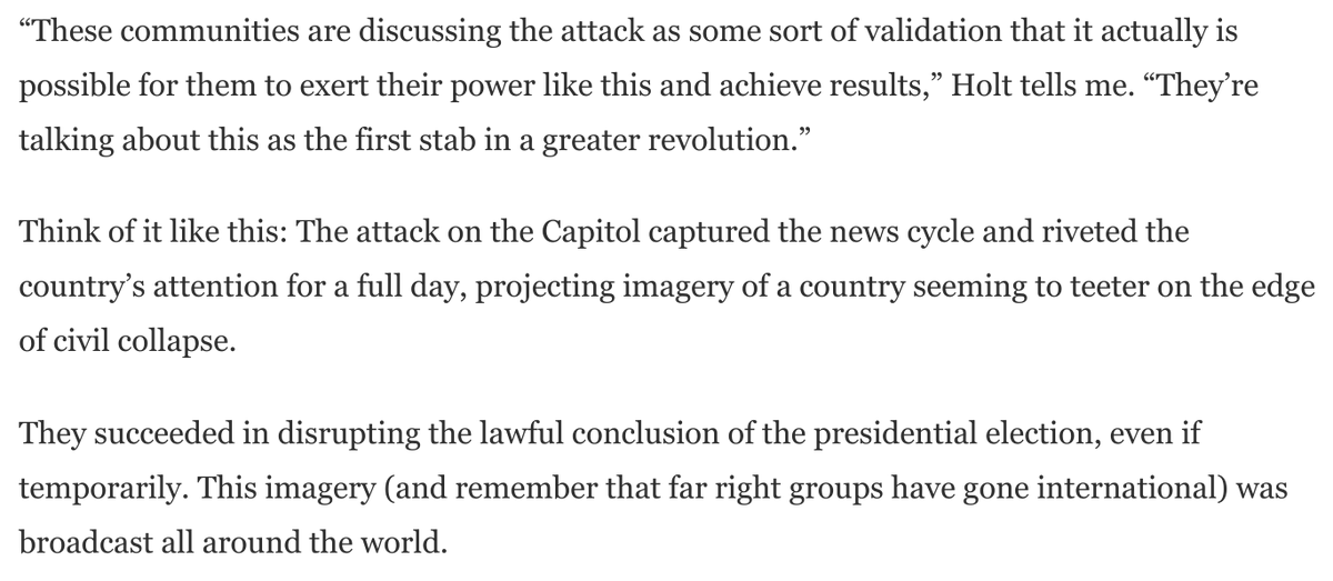 "By all measurable effects, this was for far right extremists one of the most successful attacks they’ve ever launched. This will be propagandized on for the next decade."I talked to folks tracking how the insurrection is playing on the far right: https://www.washingtonpost.com/opinions/2021/01/08/capitol-mob-far-right-trump-propaganda/