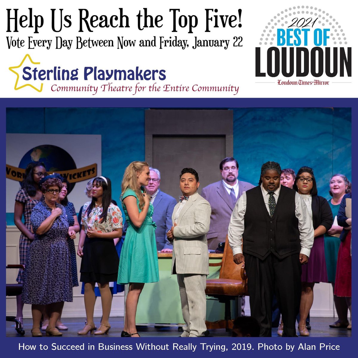 SPlaymakers's tweet photo. Vote for Sterling Playmakers in the 1st round of #BestofLoudoun2021 &amp; help us make it to top 5 in the final round! Vote for us daily at https://t.co/3aFL5Q0Zq4 in the #PerformingArts category. #communitytheatre #localtheatre #nonprofit #localarts #loudouncountyva #sterlingva https://t.co/TNzanjAI19