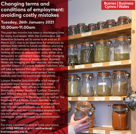 Employment specialist <a href="/Jenny_E_Gibson/">Jenny Gibson</a> to speak about changing T&amp;Cs of employment: avoiding costly mistakes, on 26 Jan 10am-11am. To book, email: northwales@businesswales.org.uk or call 01745 585025 <a href="/_businesswales/">Business Wales</a> <a href="/BusinessWalesN/">Business Wales North</a> #employmentlaw #unfairdismissal #discriminationlaw