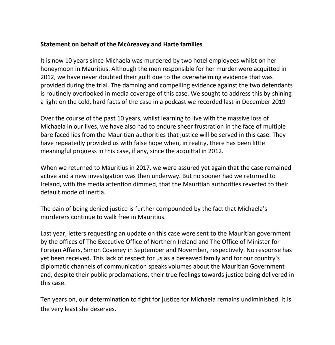 Statement on the 10th Anniversary of Michaela’s murder. The media can’t say who is responsible. I can.  The responsibility for justice remains with <a href="/GovMauritius/">Government of Mauritius</a> #justiceformichaela
