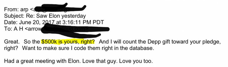 2. The executive receives an ANONYMOUS check from a foundation financed by MUSK.3. He writes to the girlfriend: "I'm guessing YOU want me to apply that amount to the overall pledge" It's your money, right? RIGHT?