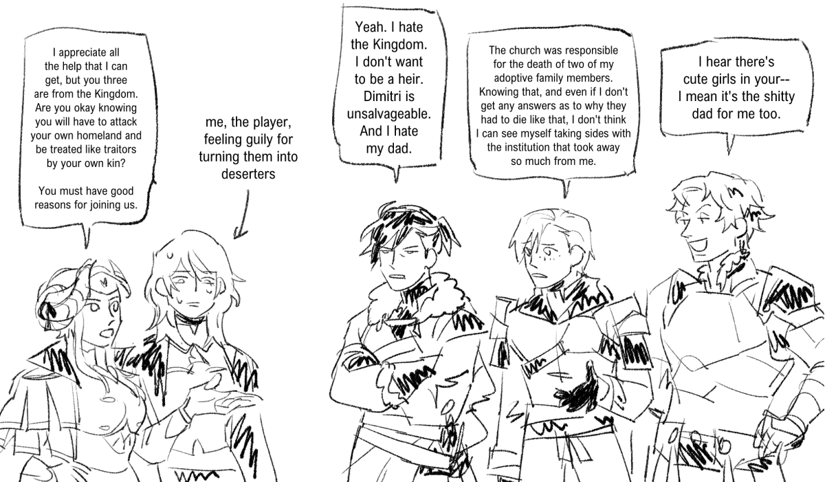 3. First route you played?
Black eagles again. already drew them in the first question so instead heres some shenanigans from the three i recruited at the time