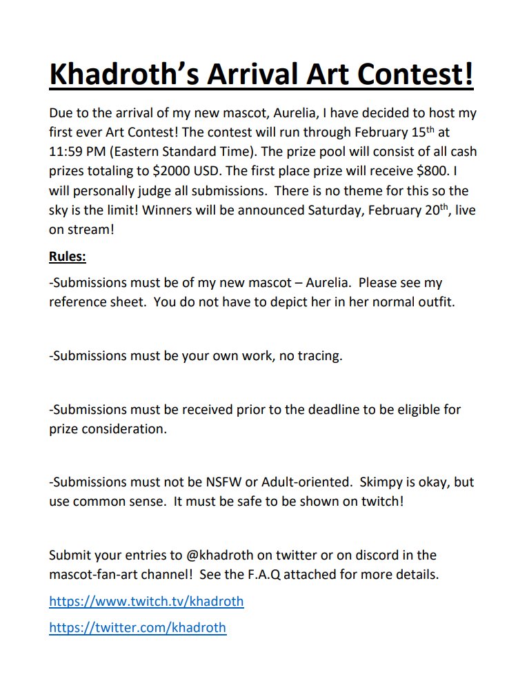 khadroth's tweet photo. Today I'm formally announcing my Art Contest for my new stream mascot Aurelia!  Please check out the details below! Spread the word to any artist friends you have and good luck to everyone! Deadline is February 15th. https://t.co/EKSJ4z0NS1 https://t.co/2ZtK2BkWmP