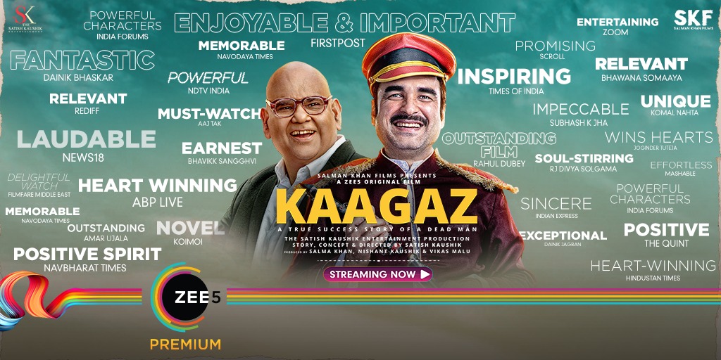 satishkaushik2's tweet photo. Thank you @BeingSalmanKhan @SKFilmsOfficial @ZEE5Premium
@ZeeStudios_  and #teamkaagaz for making #kaagaz a huge success. Streaming now! 

https://t.co/zZsY4n9TRF https://t.co/B1vvY4HbSq